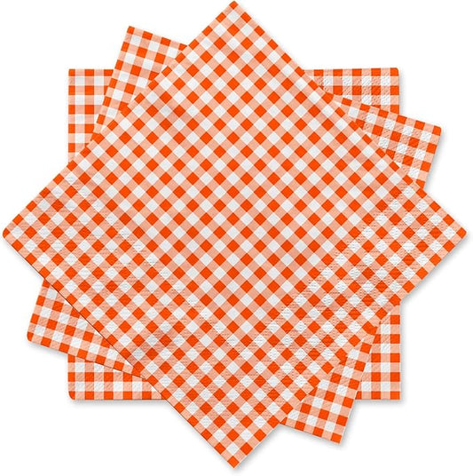 Gatherfun Disposable Paper Napkins 3-ply Orange and White Gingham Beverage Napkins for Dinner, Picnic, Birthday Party（6.5X6.5 in, 50-Pack)