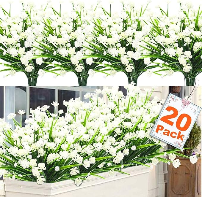 TURNMEON 20 Bundles Artificial Flowers for Outdoors Fake Plants Summer Decor, UV Resistant Artificial Plants Cemetery Fake Flowers Faux Plastic Greenery Shrub for Home Porch Decor 580 Heads(White)