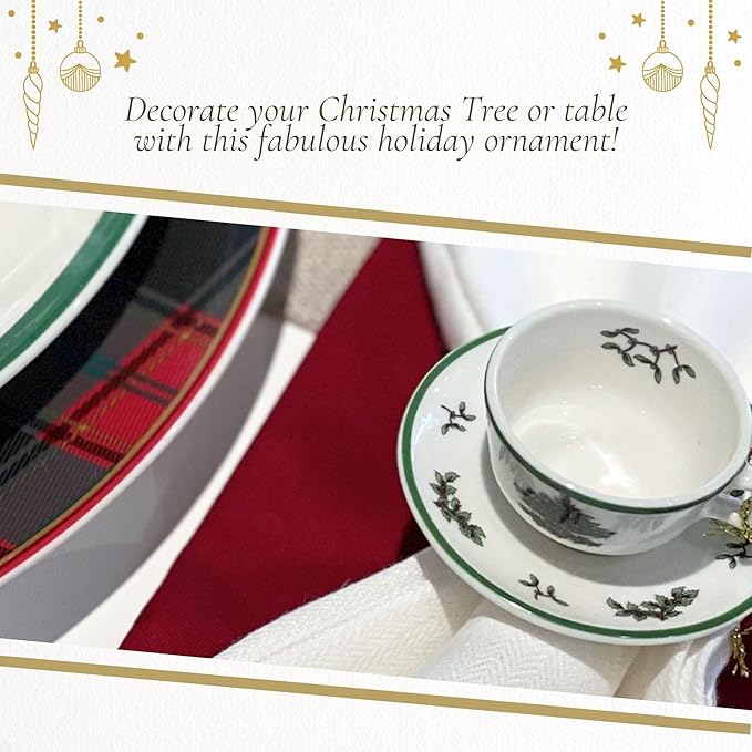 Spode Christmas Tree 3-Piece Tea Set Ornament, Durable Holiday Ornament for Festive Decor & Winter Wonderland Display - Sleek Seasonal Ornaments for Tree, Mantel, Holiday Home Decoration