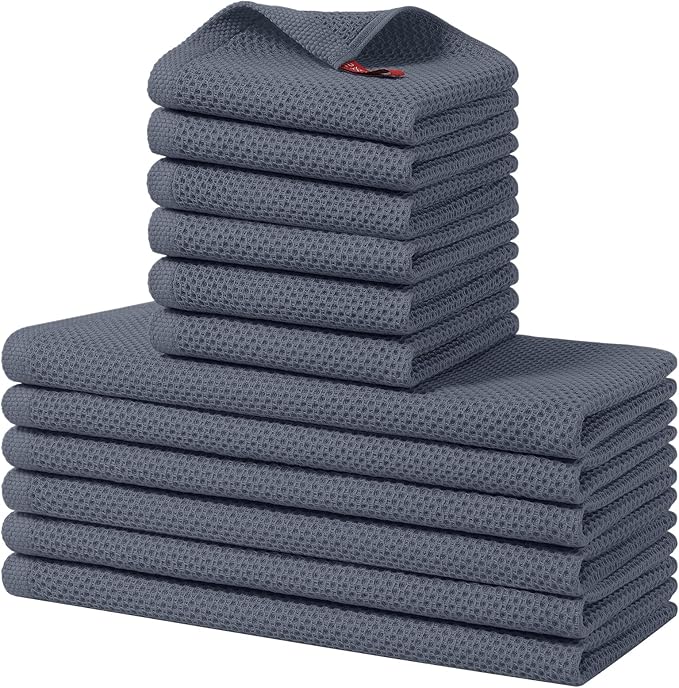 Homaxy 100% Cotton Kitchen Towels and Dishcloths Set, 12 x 12 Inches and 13 x 28 Inches, Set of 12 Bulk Kitchen Towels Set, Ultra Soft Absorbent Dish Cloths for Washing Dishes, Dark Grey
