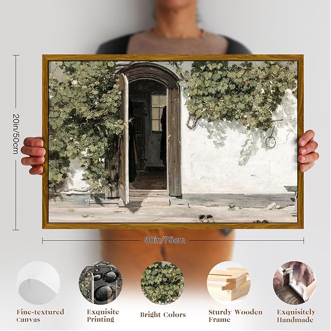 crmotu Vintage Framed Wall Art, Country Landscape Canvas Prints, Grapevine Gate Rustic Farmhouse Decor Painting, Nature Green Scenery Pictures Wall Decor Living Room Bedroom Bathroom Office 20x30in