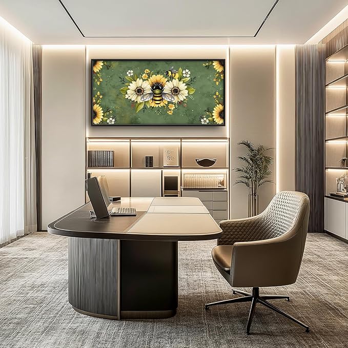 Flintis Large Bee Wall Art Bee Sunflower Pictures Wall Decor Abstract Animal Canvas Painting Print Artwork Decoration Framed for Living Room Bathroom Master Bedroom Office Dining Room 60L x 30W