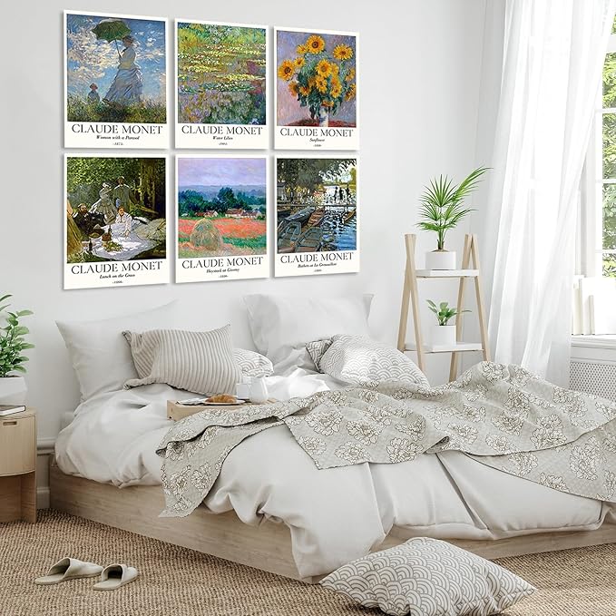 COSCTOR Set of 6 Claude Monet Wall Art Decor Canvas Vintage Famous Artist Retro Landscape Colorful Posters and Prints for Living Room Bathroom Bedroom Hallway Kitchen (Framed, 9x12)