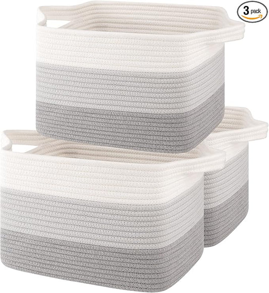 Storage Baskets for Organizing, Woven Baskets for Shelves, Rectangle Decorative Organizer for Storage Clothes, Toy, Books, Towels Nursery Bins 3 Pack (Gradient Grey)