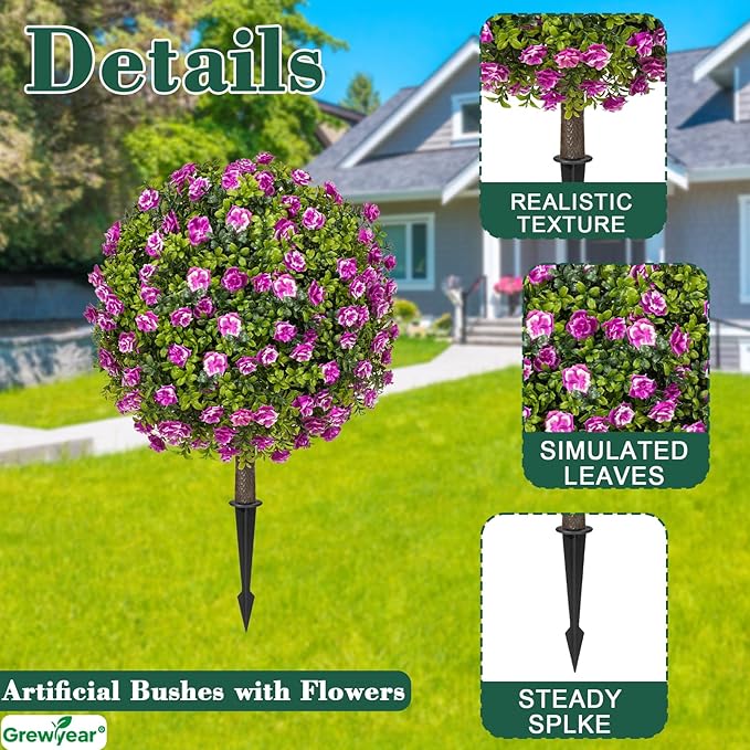 Artificial Purple Rose Topiary Ball Trees with Ground Spike Set of 2, Faux Boxwoods for Outdoor Planters, UV Resistant Artificial Outdoor Plants for Porch, Fake Bushes Round Shrub