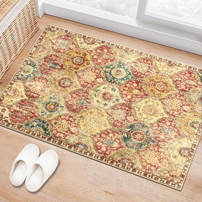 Lahome Moroccan Trellis Washable Rug, 2x3 Bathroom Rugs for Kitchen Entryway, Non-Slip Indoor Door Mat Ultra-Thin, Small Oriental Throw Carpet for Bedroom Entry, Red/Orange