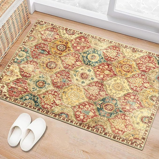 Lahome Moroccan Trellis Washable Rug, 2x3 Bathroom Rugs for Kitchen Entryway, Non-Slip Indoor Door Mat Ultra-Thin, Small Oriental Throw Carpet for Bedroom Entry, Red/Orange