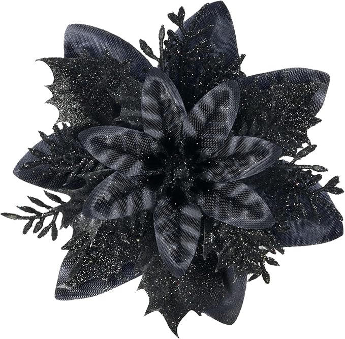 Christmas Poinsettia Artificial Flowers Decorations 5.5" Christmas Tree Wreaths Garland Decoration 12 Pcs Glitter Flowers Picks Decor for Xmas New Year Wedding Party Ornaments (Black)