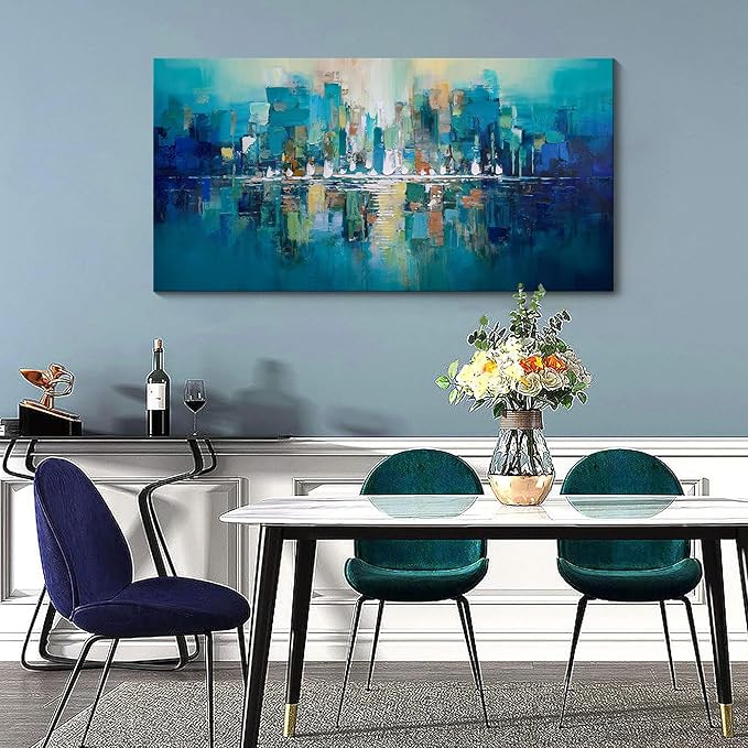 YDYSUNE Abstract Wall Art - Teal Canvas Wall Decor City Picture,Large Modern Artwork for Living Room Bedroom Office Decoration Green Home Decor Painting Size 24X48inch
