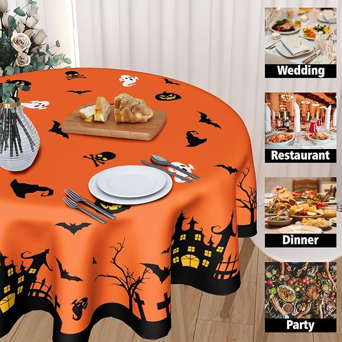 Kawani Halloween Tablecloth Round 60 Inch Orange Table Cloths Halloween Bat Castle Decorative Table Cover Durable Table Cloth Round Cover for Kitchen Dining Room Holiday Tablecloth for Dinner Party
