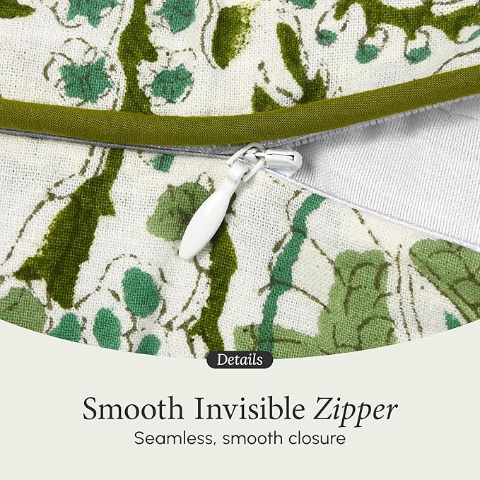 CPC 100% Cotton Throw Pillow Covers 24x24 Inch, Set of 2 Green Block Print Pattern Couch Pillow, Cute Boho Decorative Pillows for Living Room, Bedroom with Hidden Zipper- Agate Green