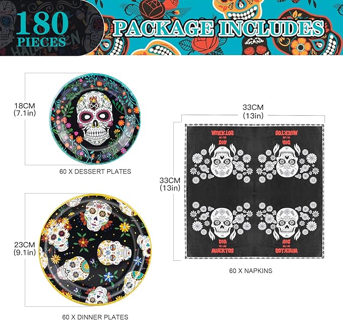 180Pcs Day of the Dead Party Supplies Paper Plates and Napkins Serve 60 Disposable Tableware Set for Birthday Party Decorations Game Day Family School Holiday Sports Events