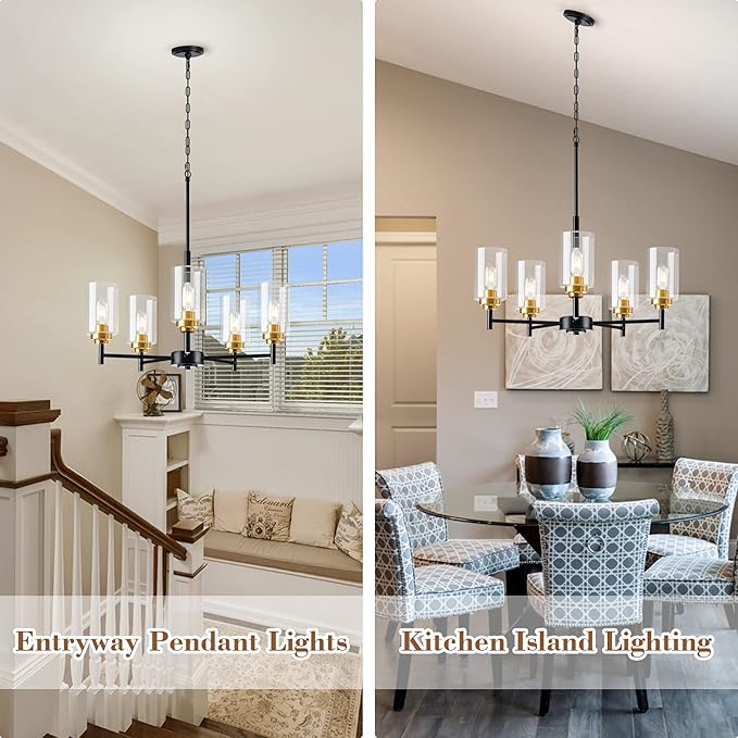 Kitchen Island Lighting - 5 Lights Modern Glass Chandelier for Dining Room, Farmhouse Pendant Light Over Table for Foyer Living Room Bedroom (Black and Gold)