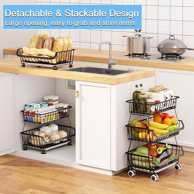 3-Tier Rolling Pantry Floor Organizer, Stackable Pantry Storage Cart with Wheels, Metal Wire Pantry Baskets, Kitchen Fruit Basket Stand, Vegetable Storage Rack for Fruits Snacks Onions Potatoes