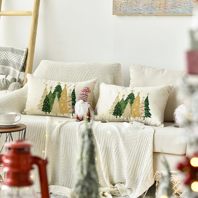 AVOIN colorlife Christmas Trees Star White Throw Pillow Covers Set of 2, 12 x 20 Inch Snowflake Seasonal Winter Holiday Cushion Case Decoration for Sofa Couch