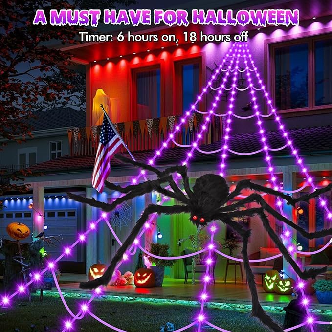 Halloween Decorations Spider Web Outdoor: Halloween Spider Web Lights 250 Purple LED Lights 59" Giant Spiders Scary Halloweens Decorations Outdoor Indoor for Party Garden Yard Home Haunted House Decor