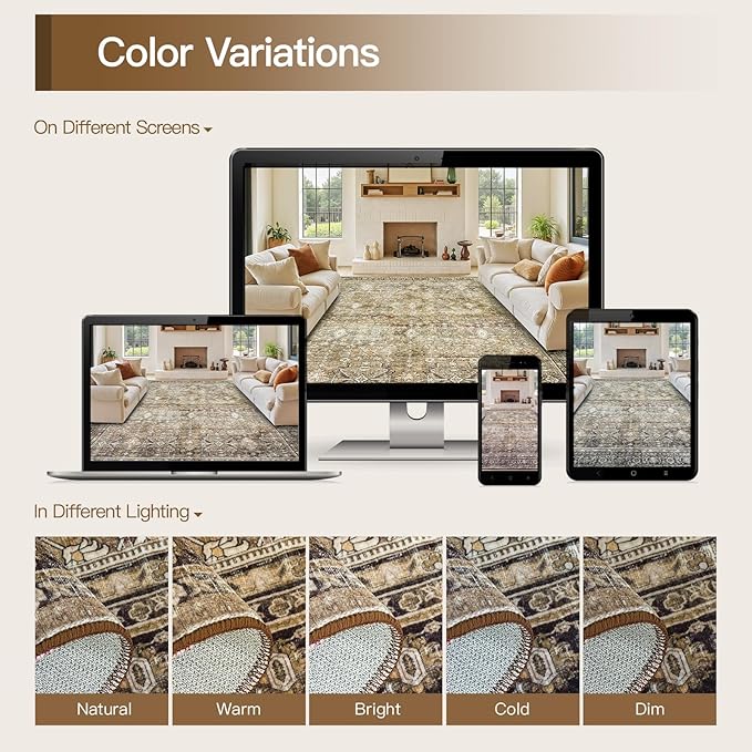 Lofus 9x12 Area Rug for Living Room,Brow Washable Large Rugs with Non-Slip Backing,Soft Neutral Carpets for Bedroom Dining Room Home Office Indoor Nursery