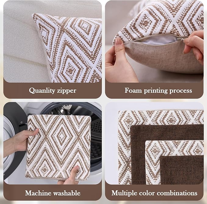 HPUK Decorative Throw Pillow Covers Set of 4 Geometric Design Linen Cushion Cover for Couch Sofa Living Room, 20"x20" inches, Chocolate