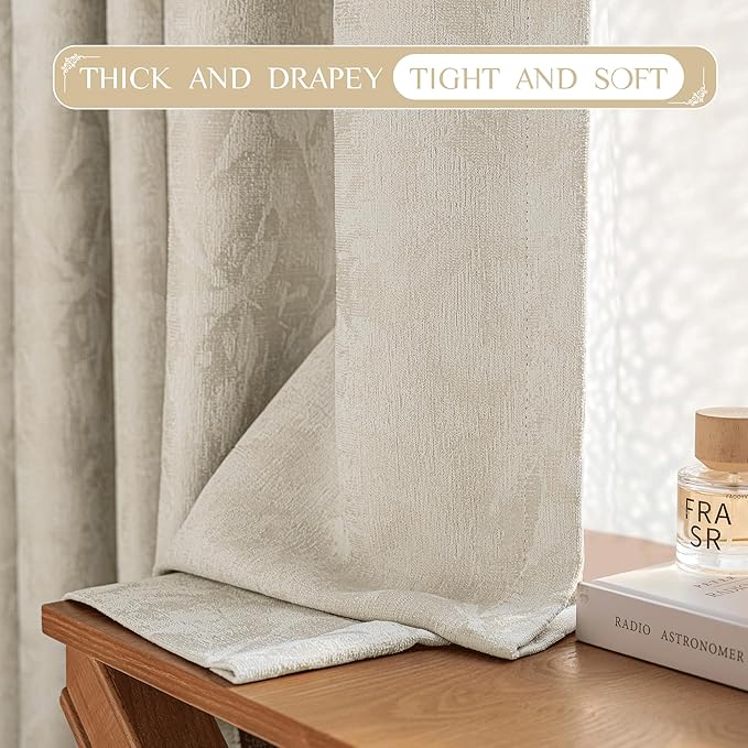 Beauoop Beige Floral Jacquard Blackout Curtains 96 Inches Long 2 Panels for Bedroom Living Room Taupe Flower Chenille Room Darkening Thermal Insulated Soundproof Grommet Window Treatments Drapes 52x96