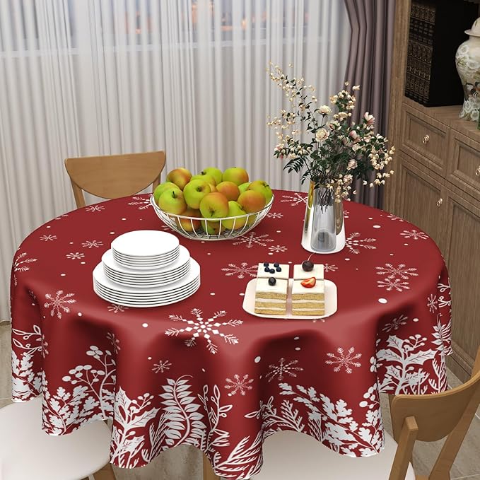 Merry Christmas Tablecloth 60 Inch Round Red Christmas Floral Table Cloth Round Cover Christmas Snowflake Snowy Xmas Table Cloth Winter Farmhouse Decorative for Holiday Home Kitchen Dining Party