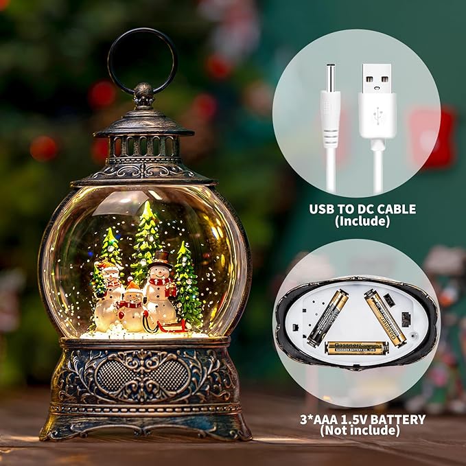 Christmas Snow Globe Snowman Family Lantern – Musical LED Water Globe, Swirling Glitter, 8 Holiday Carols, Auto Timer – Vintage Lighted Tabletop Decor & Gift