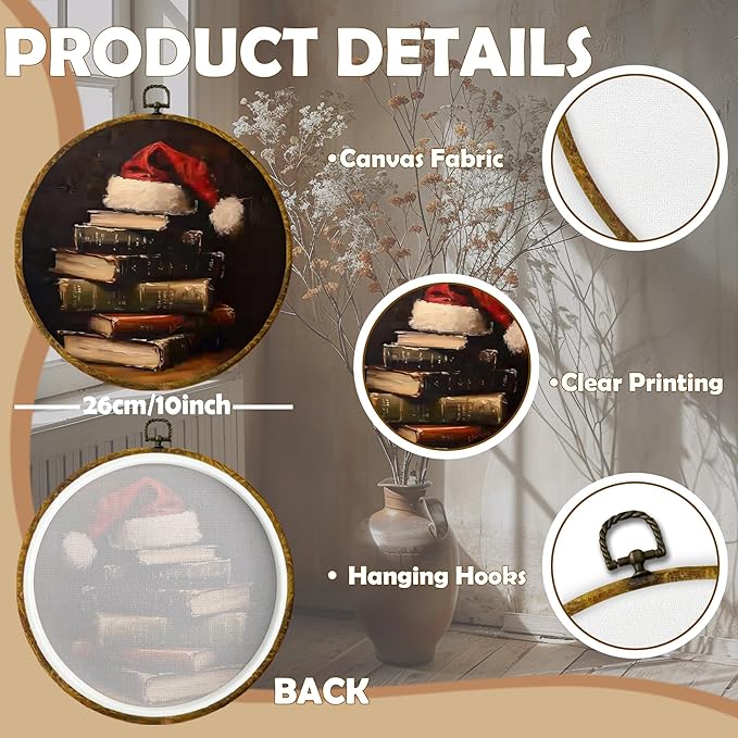 CUANFDDSF Vintage Christmas Book Round Wall Art Decor, Dark Moody Reading Bookish Wall Hanging Frame Decor, Antique Christmas Holiday Canvas Prints Decorations for Reading Room Library, 10x10 Inch