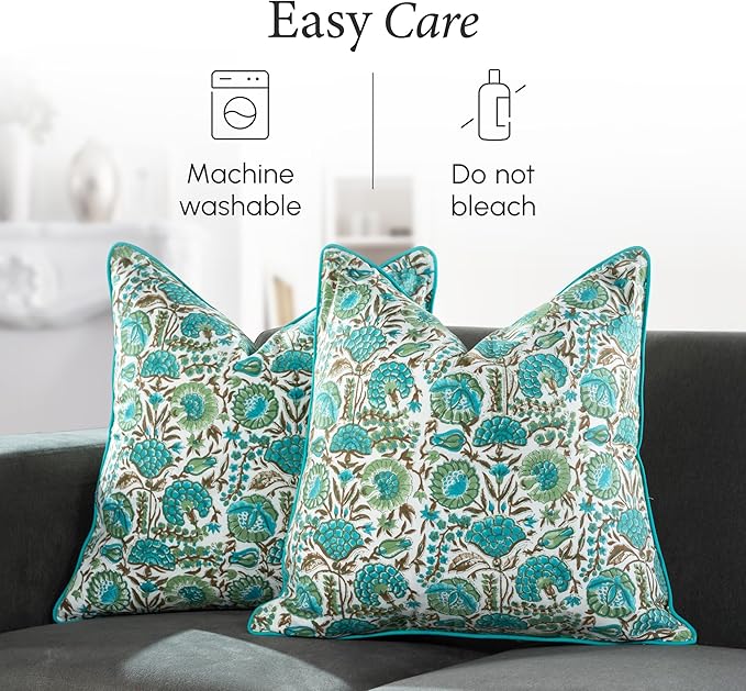 CPC Aqua Green Floral Printed Throw Square Cushion Covers - 18x18 Inch 100% Cotton Washable Decorative Couch Pillows Covers for Living Room Bed Sofa and Outdoors Spring, Easter, Valentines Gift