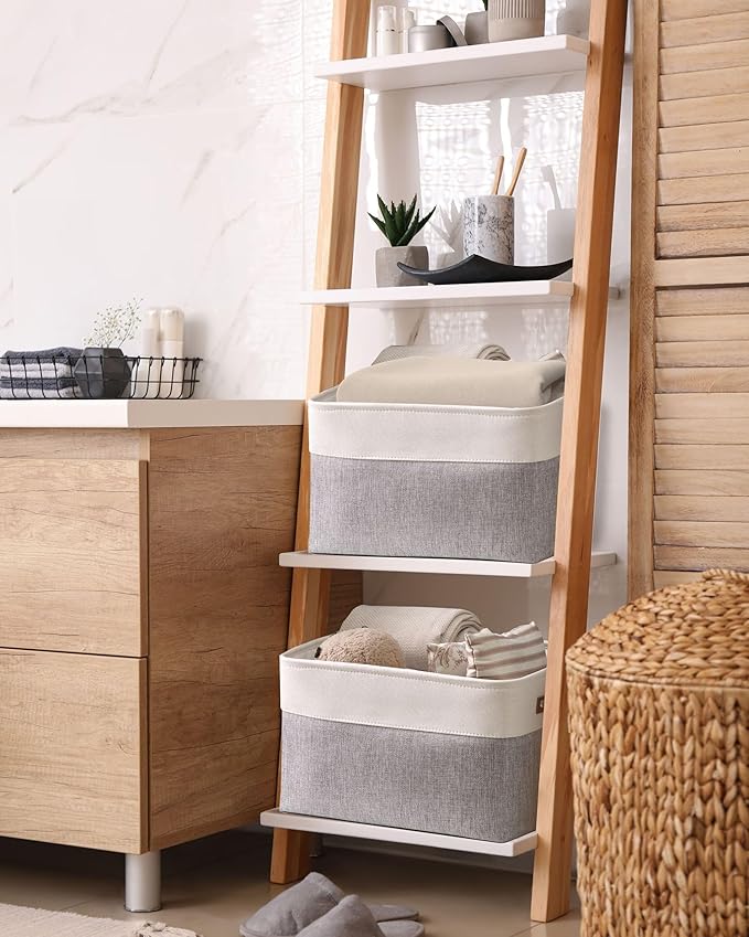 DECOMOMO Storage Bins | Fabric Storage Basket for Shelves for Organizing Closet Shelf Nursery Toy | Decorative Large Linen Closet Organizer Bins with Handles (White, Large - 3 Pack)