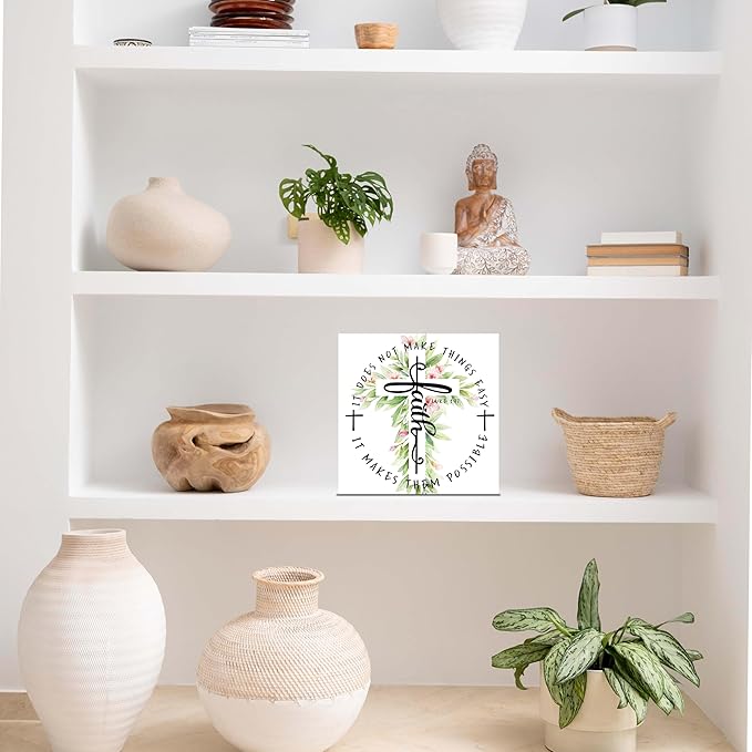 Christian Gifts: 'Faith' Luke 1:37 Wooden Box Sign Decor - Thanksgiving & Christmas Gifts, Christian Home Decor for Family & Friends