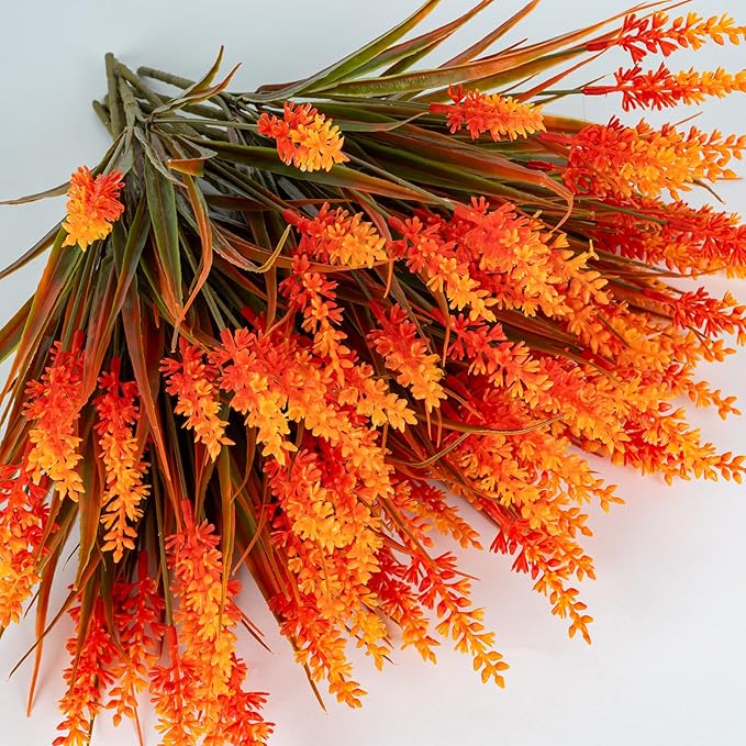 Artificial Fall Flowers for Outdoor Plants 12 Bundles Fake Lavender Plastic Faux Monkey Grass for Verandah Window Garden Office Patio Front Porch UV Resistant for Planter(Autumn Orange)