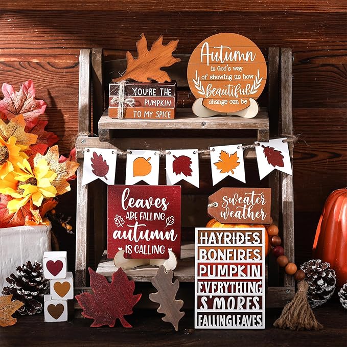19 Pcs Retro Fall Tiered Tray Decor Autumn Farmhouse Home Decorations Set Fall Wood Tray Decor Autumn Thanksgiving Day Decorative Sign for Tabletop Kitchen Office Decorations