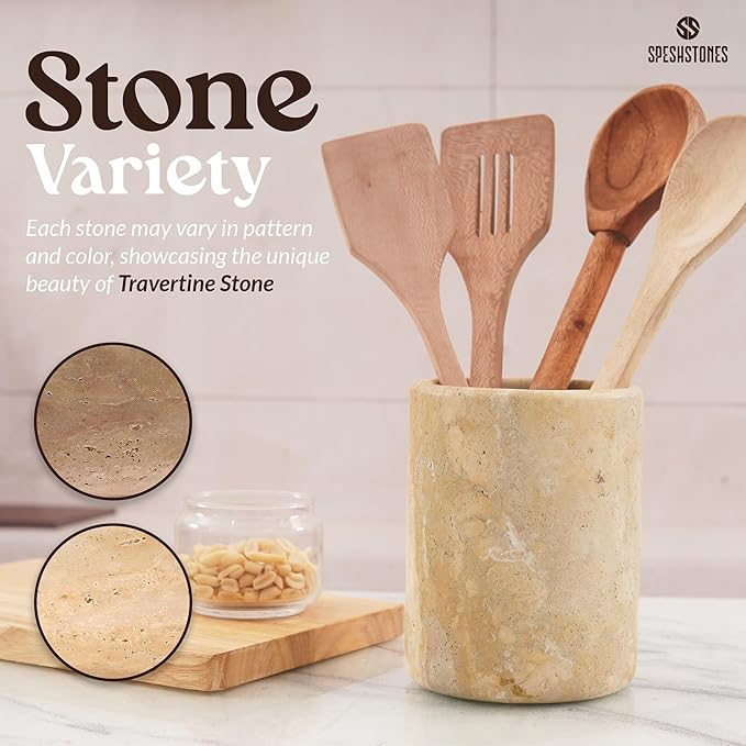 Marble Utensil Holder 6.5 Inch Stone Cooking Utensil Crock for Countertop Storage, Modern Travertine Utensils Caddy, Spoon & Spatula Organizer for Farmhouse Kitchen Decor
