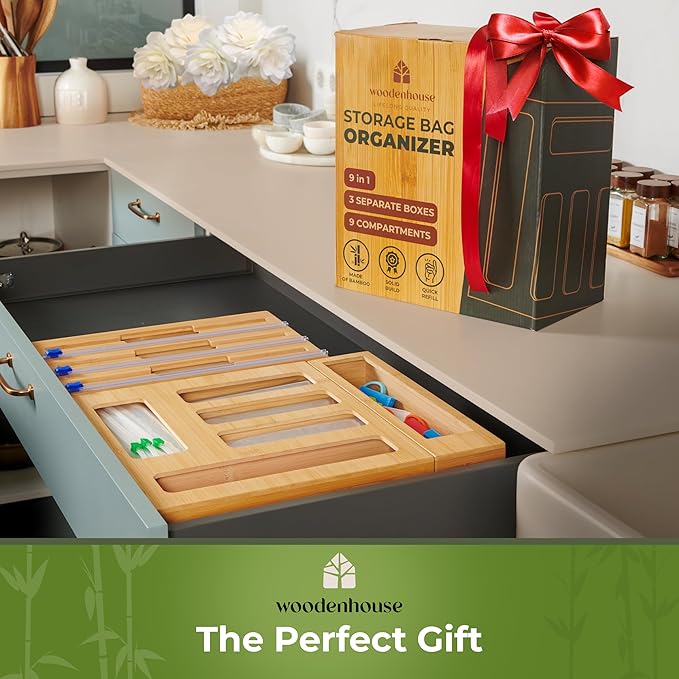 Bamboo Storage Bag Organizer, 9 in 1 Sandwich Bag Organizer, Aluminum Foil and Plastic Wrap Organizer with Labels Included. Baggie Organizer for drawer, Compatible with Gallon, Quart, Snack size bags