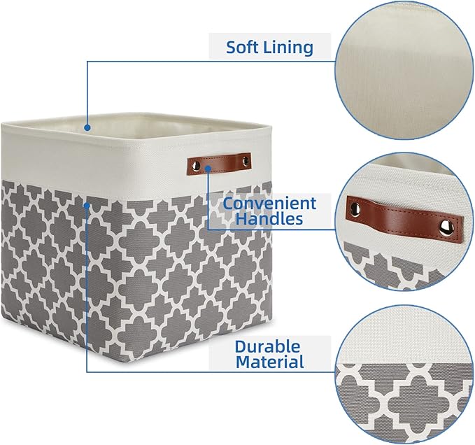Temary 13×13×13 Foldable Storage Cube Baskets Fabric Cube Storage Basket for Organizing Cloth Storage Bins with Leather Handles for Gifts Empty, Closet (Grey Lattice)