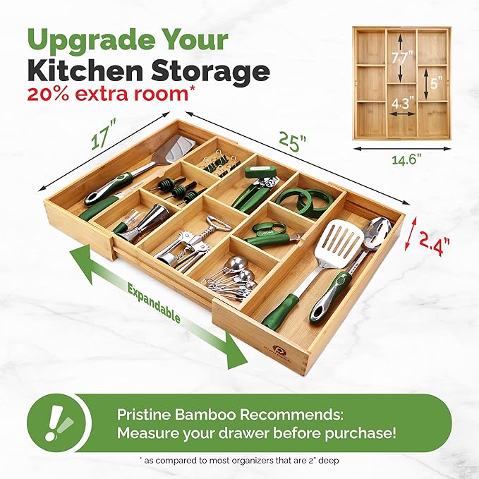 Expandable Drawer Organizers for Kitchen - Extra Deep Non-Slip 17” x 14.6” (expands up to 25 inches) - Dark Wooden Silverware Divider (10 Compartments) – Organize Cooking Utensils