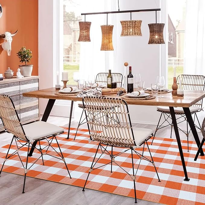 SEEKSEE Cotton Buffalo Plaid Rug 4'x6' Orange and White Checked Rug Washable Doormats Indoor Outdoor Rugs for Layered Front Door Mats, Porch, Kitchen, Farmhouse, Entryway