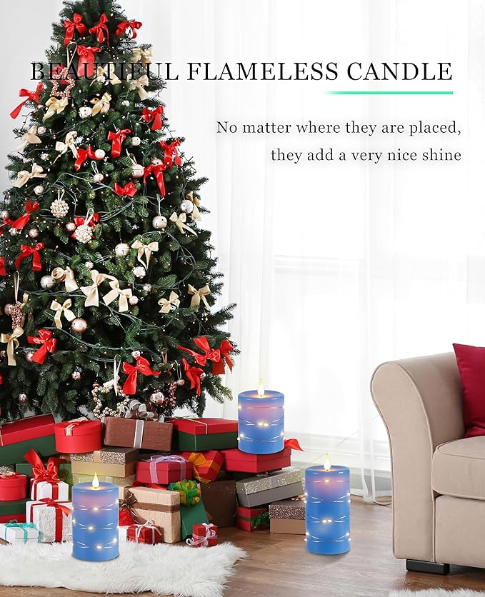 Da by Flameless Candles with String Lights，Battery Operated Candles,LED Flickering Candles with Remote Control and Timer, Real Wax, 3 Pack-Blue
