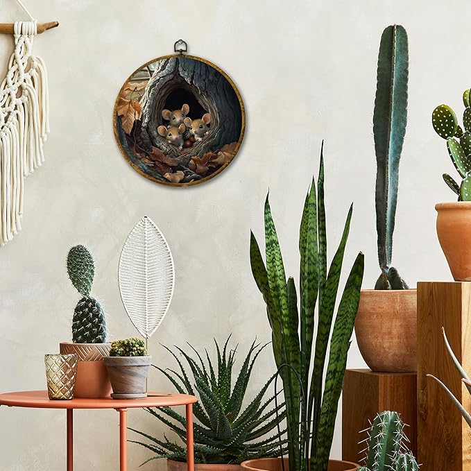 Mcehtle Fall Rat Wall Art Decor, Retro Cottagecore Autumn Mouse Maple Leaf Framed Canvas Prints 10x10, Rustic Country Animal Farmhouse Round Wall Hanging Artwork Decorations for Bedroom Living Room