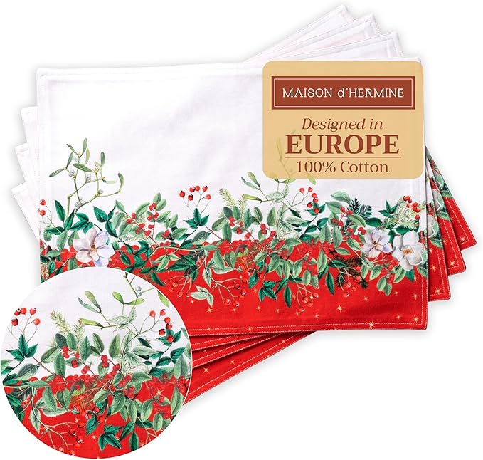 Maison d' Hermine Placemats Set of 4 100% Cotton Washable Cloth Place Mats, Reusable Table Mats for Kitchen Dining Decoration, Party, Wedding, Restaurant (Noel, 13" x 19")