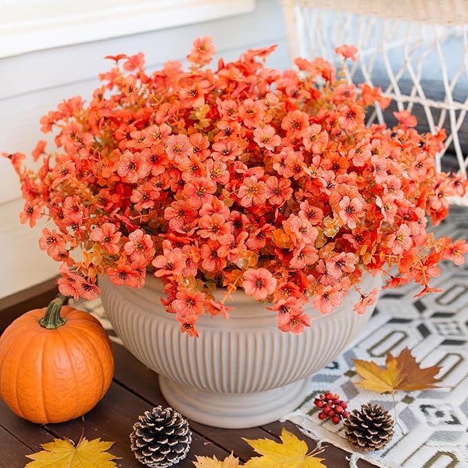 Artificial Fall Flowers Faux Mums for Outdoor Indoor Garden Home Decoration, Faux Flower Daisy with Eucalyptus Leaves Fake Mums Plants Greenery Boxwood Porch Patio, 12 Bundles (F Orange)