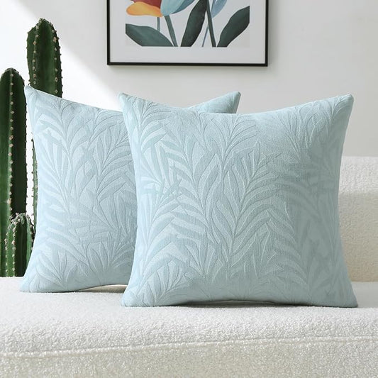 FUTEI Baby Blue Decorative Throw Pillow Covers 22x22 Inch Set of 2,Soft Chenille Phoenix Tail Leaf Textured Cushion Case,Modern Home Decor for Couch Bed Living Room