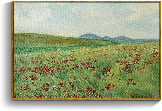 crmotu Framed Canvas Wall Art, Hillside Landscape Art Prints, Flower Field Vintage Decor Pictures, Nature Scenery Wall Paintings for Living Room Bedroom Bathroom Rustic Farmhouse Kitchen Decor 16x24in