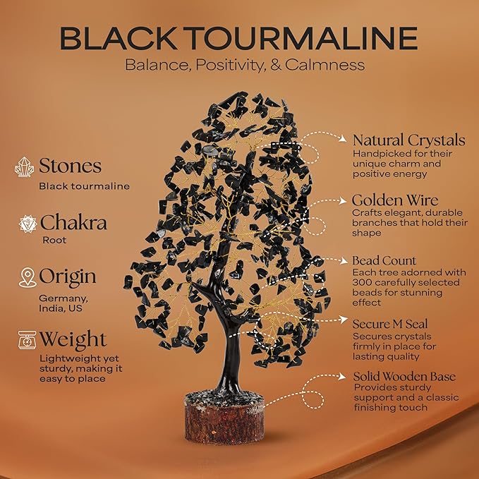 Black Tourmaline Crystal Tree of Life, Chakra Pendant Gemstone Tree, Chakra Healing Tree for Home Decor, Gifts for Women, Bonsai Trees for Positive Energy, Office Desk Decor, Room Decor 10-12"