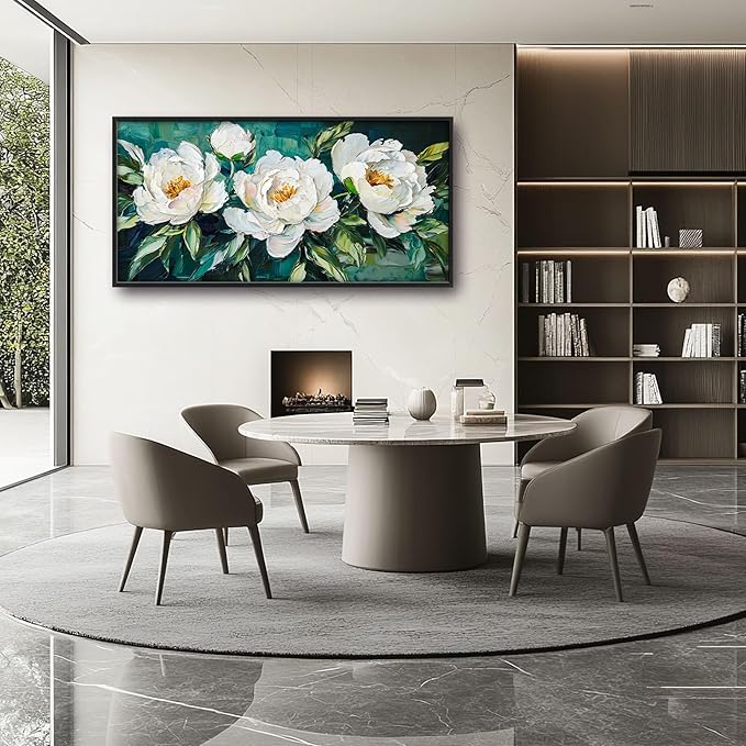 White Flower Large Wall Art for Living Room, Peoney Floral Oversized Wall Decor Pictures, Rustic Framed Canvas Print Painting, Modern Artwork for Bedroom Office Home Decor 60"x30"