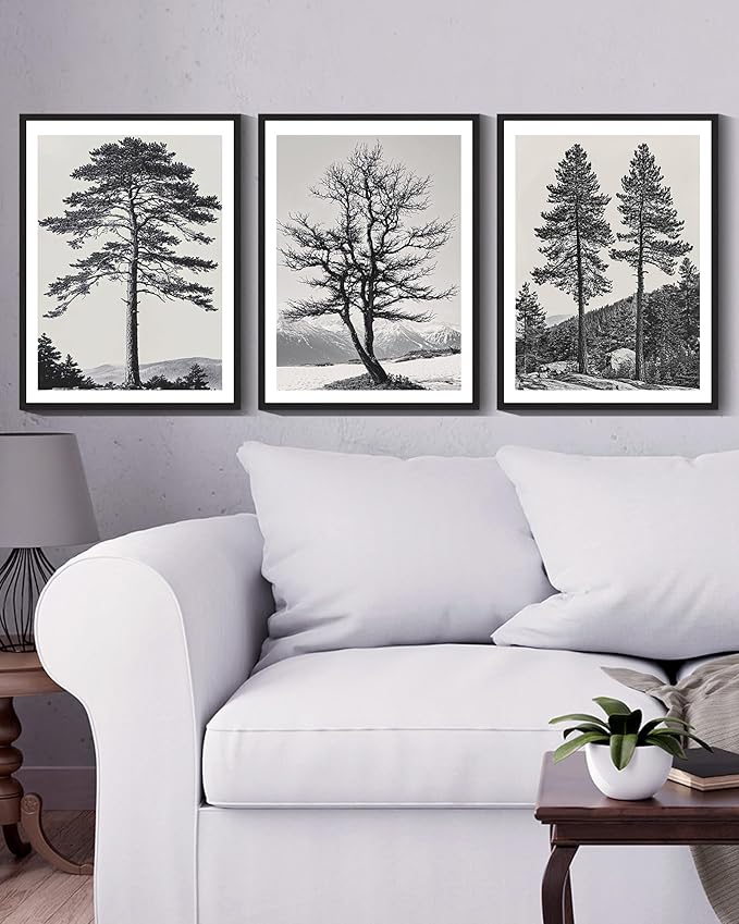 KUVIOKE Vintage Black Gray Forest Wall Art Framed Antique Retro Tree Prints Modern Rustic Artwork Bedroom Living Room Ready to Hang 11x14in (Black Framed)