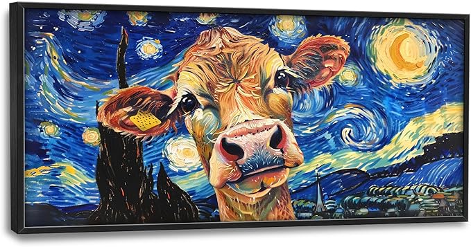 Flintis Large Cow Wall Art Starry Sky Night Cow Pictures Wall Decor Abstract Animal Canvas Painting Print Artworks Decorations Framed for Living Room Bathroom Master Bedroom Office 60L x 30W
