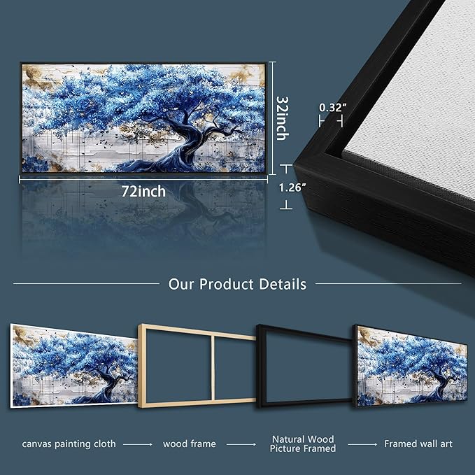 ERQINHUA Large Canvas Wall Decor For Living Room Wall Art For Bedroom Office Home Decor Blue Tree Wall Paintings Farmhouse Abstract Watercolour Pictures Artwork Ready To Hang 32x72 In Black Framed