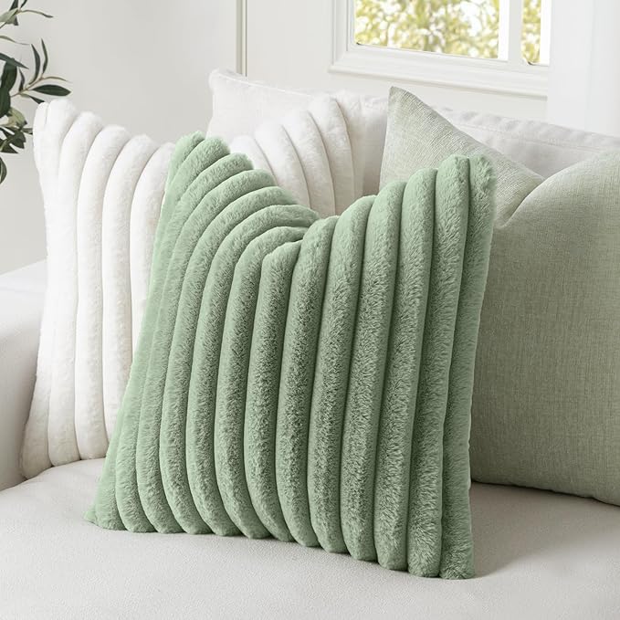 MIULEE Faux Fur Lumbar Decorative Throw Pillow Covers 12x20 Inch Set of 2, Modern Spring Home Decor Soft Plush Couch Pillows Cozy Fluffy Cushion Covers for Sofa Bed Sage Green