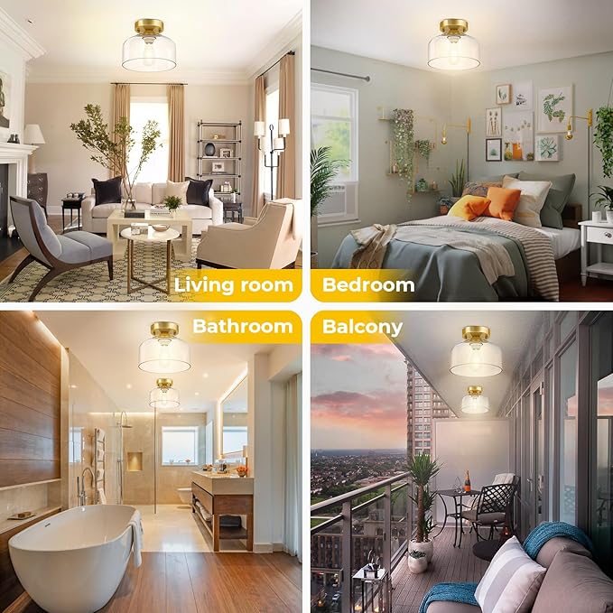 Semi Flush Mount Ceiling Light Brushed Gold - Clear Glass Pendant Lamp Shade, Modern Farmhouse Light Fixture for Hallway Corridor Kitchen Entryway Bedroom, Bulb Not Included