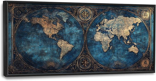 World Map Framed Wall Art for Living Room, Large Map of The World Canvas Wall Decor, Vintage Maps Pictures Painting, Modern Artwork for Office Bathroom Bedroom 60L'' × 30W''